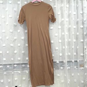 Tan Crew Neck Slit Dress Ankle Length Short sleeve